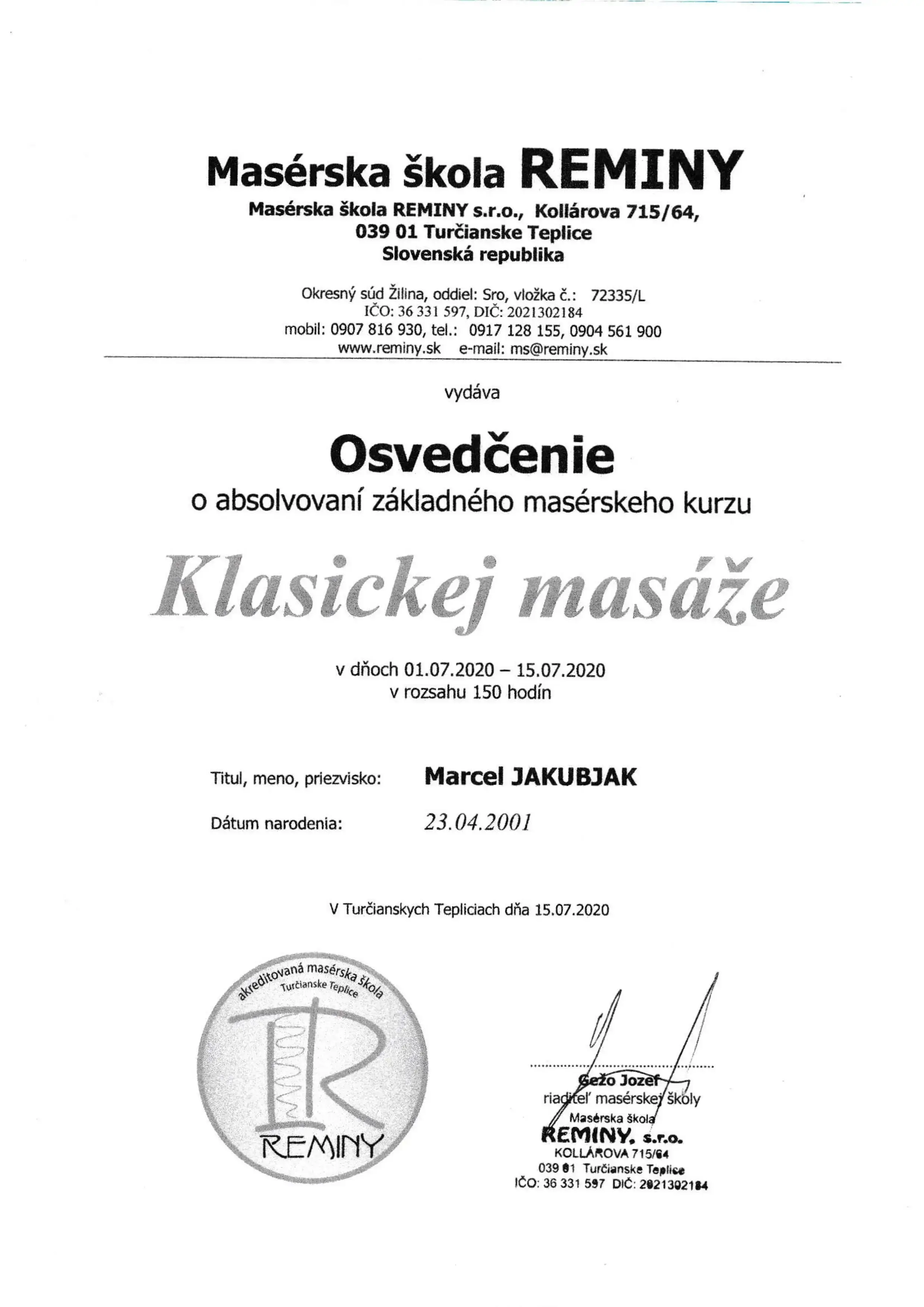 Certifikát za klasickú masáž
