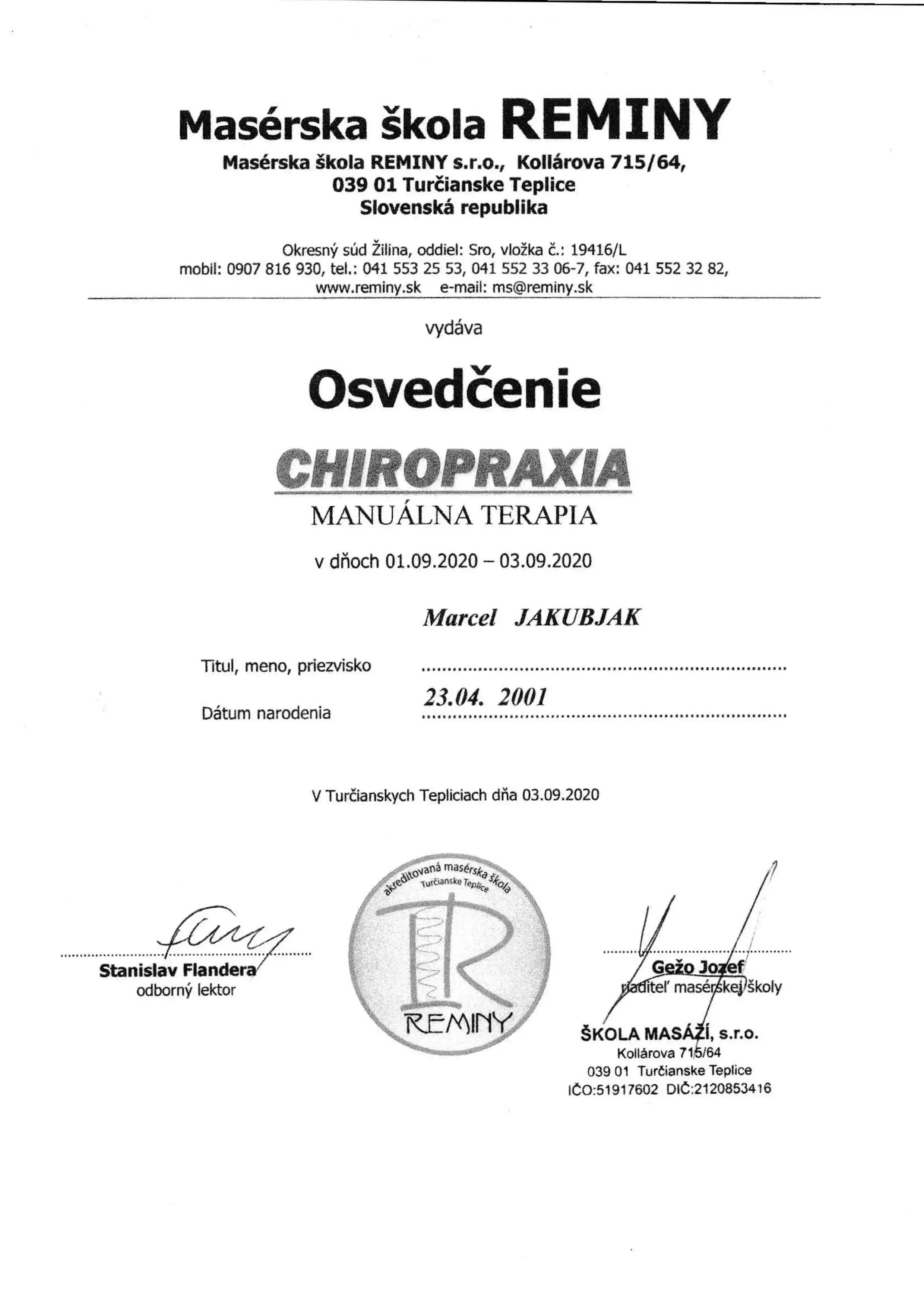 Certifikát za terapeutickú masáž
